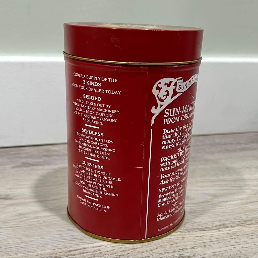 Vintage 1987 Sun Maid Raisins Aluminum Tin Fresno California USA 6” With Lid - Picture 3 of 9